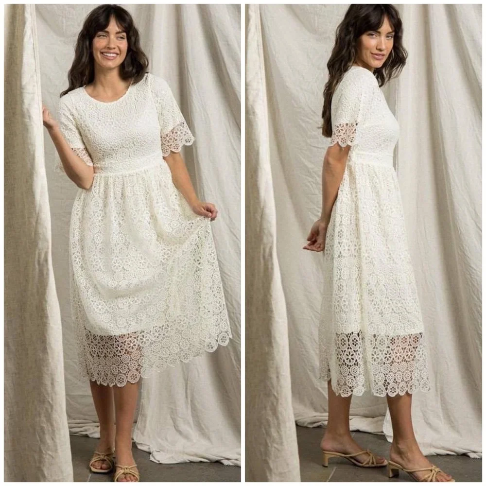 LAST 1❗️POLAGRAM White Embroidery Crochet Midi Dress - Picture 5 of 14
